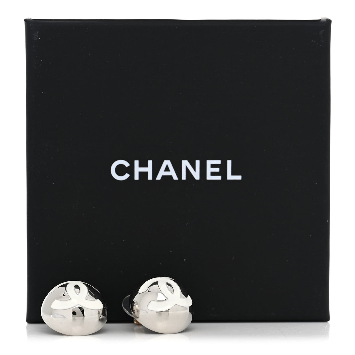 Metal Enamel CC Round Dome Earrings Silver White