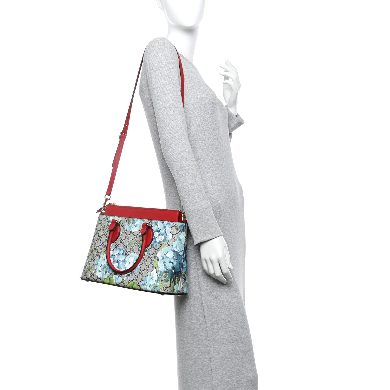 Gucci GG Supreme Monogram Blooms Small Zip Top Tote Beige Blue Navy Hibiscus Red 2 of 10
