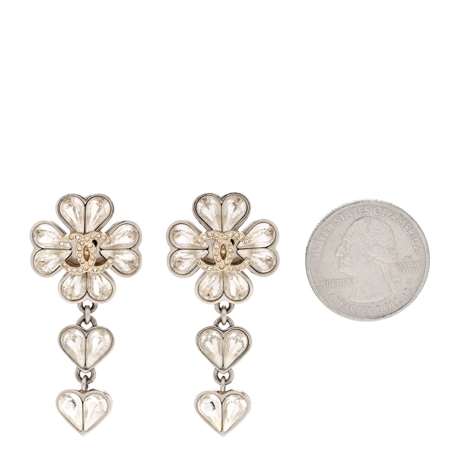 Chanel Crystal CC Clover Heart Drop Earrings Silver Gold 2 of 6