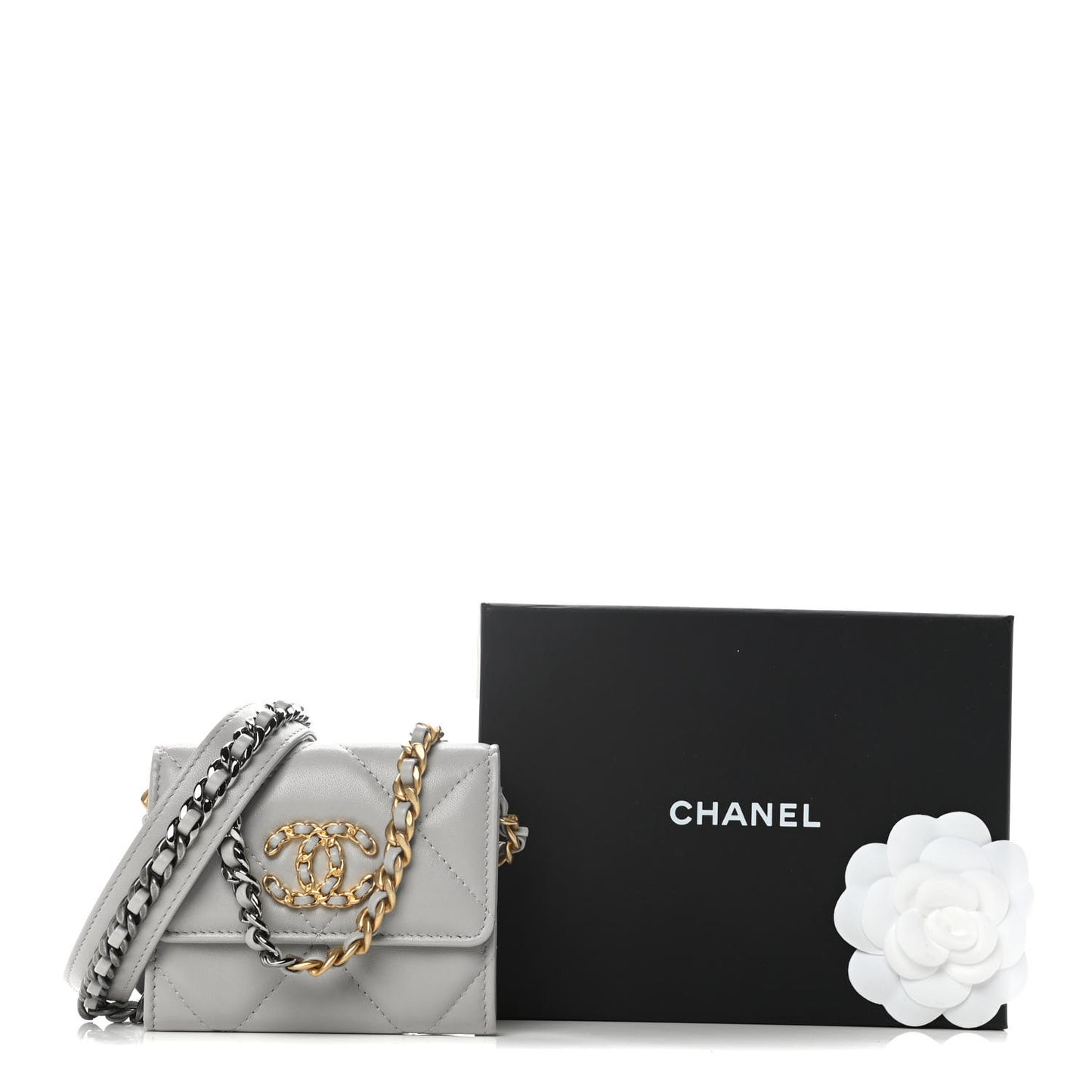 Lambskin Quilted Chanel 19 Flap Coin Purse With Chain Grey