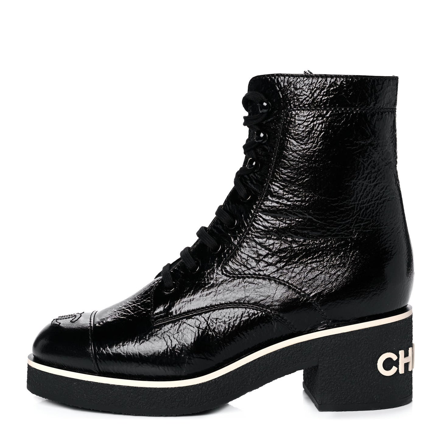 Shiny Crumpled Lambskin Lace Up Combat Boots 39.5 Black