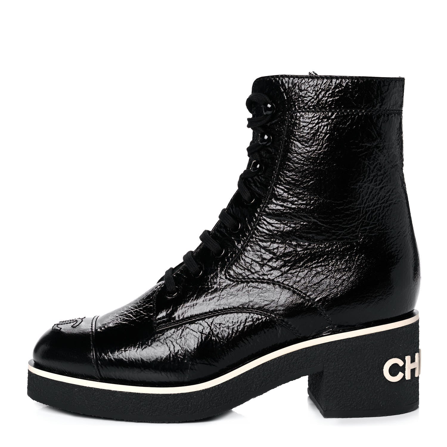 Chanel Shiny Crumpled Lambskin Lace Up Combat Boots 39.5 Black 1 of 10