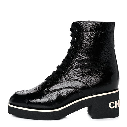 Chanel Shiny Crumpled Lambskin Lace Up Combat Boots 39.5 Black 1 of 10