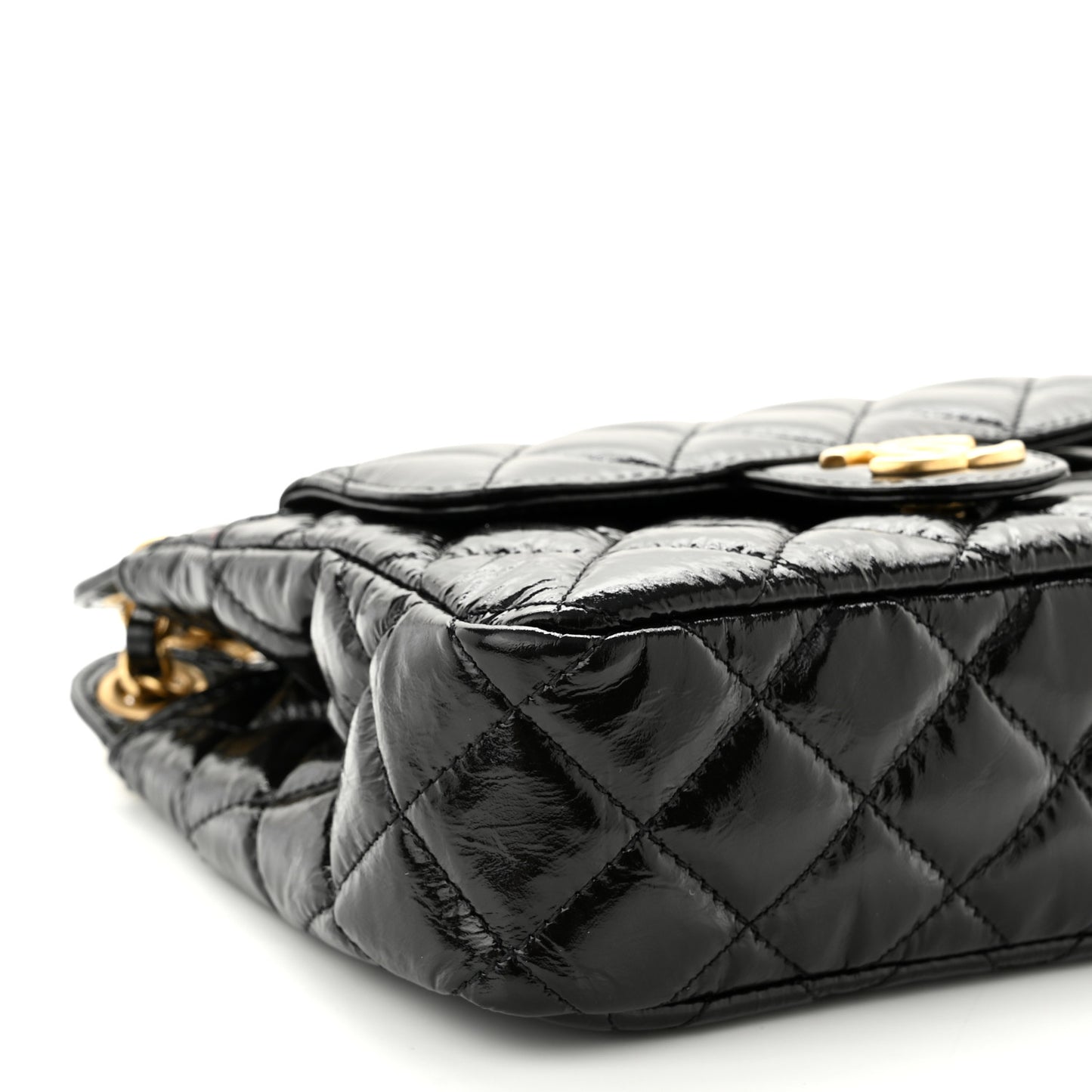 Shiny Crumpled Calfskin Quilted Small Wavy CC Hobo Black