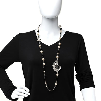 Chanel Pearl Crystal Baguette Beaded Wing Long Necklace Black Gold 2 of 4