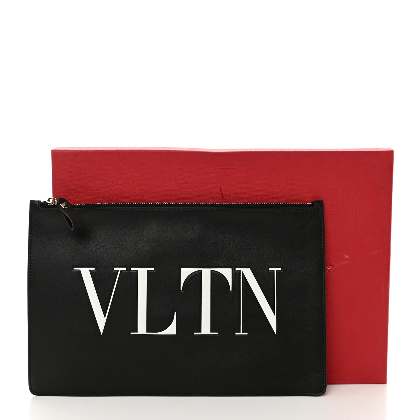 Calfskin VLTN Large Flat Zip Pouch Black