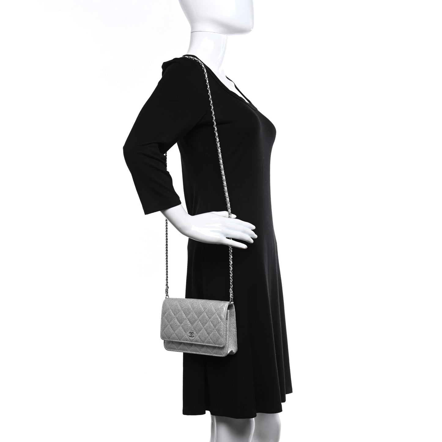 Glittered Metallic Caviar Quilted Wallet On Chain WOC Silver