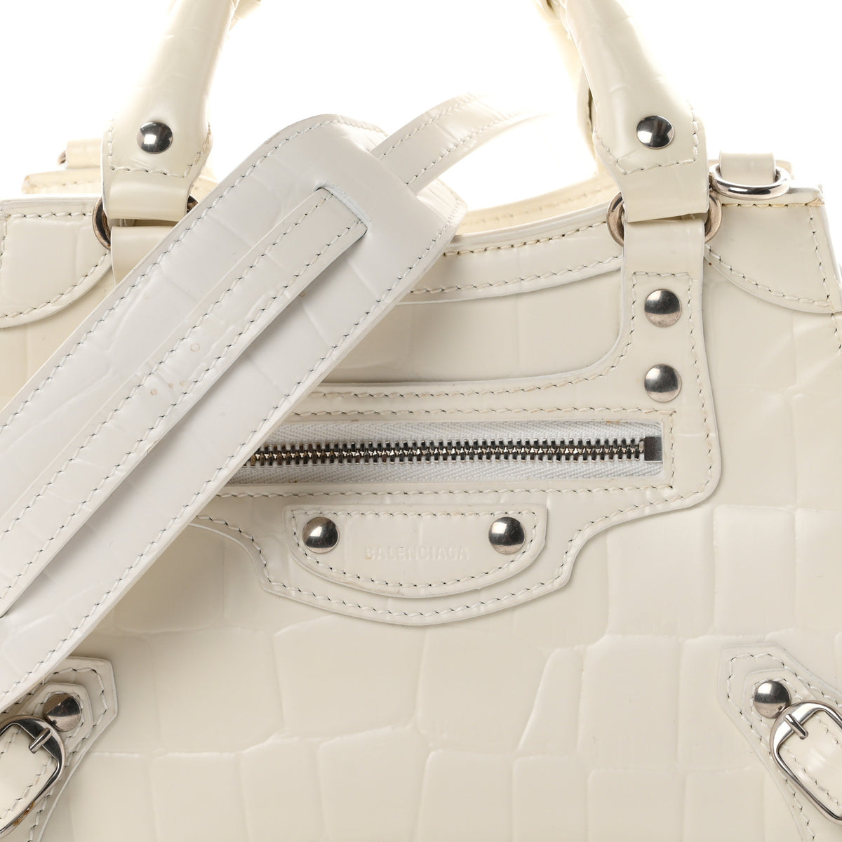 Balenciaga Semi Shiny Calfskin Crocodile Embossed Neo Classic Silver Hardware Mini City White 7 of 9