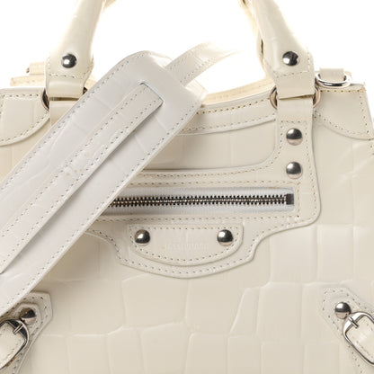 Balenciaga Semi Shiny Calfskin Crocodile Embossed Neo Classic Silver Hardware Mini City White 7 of 9