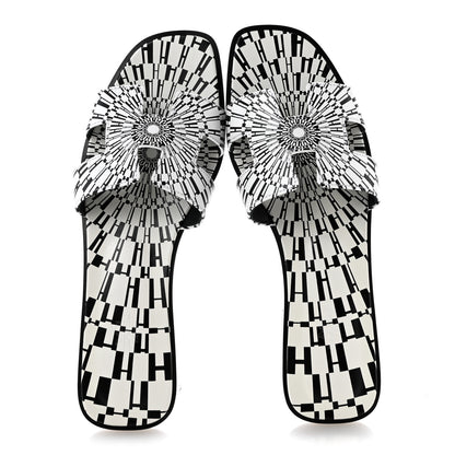 Hermes Calfskin Printed Op'H Oran Sandals 40.5 Black White 2 of 10