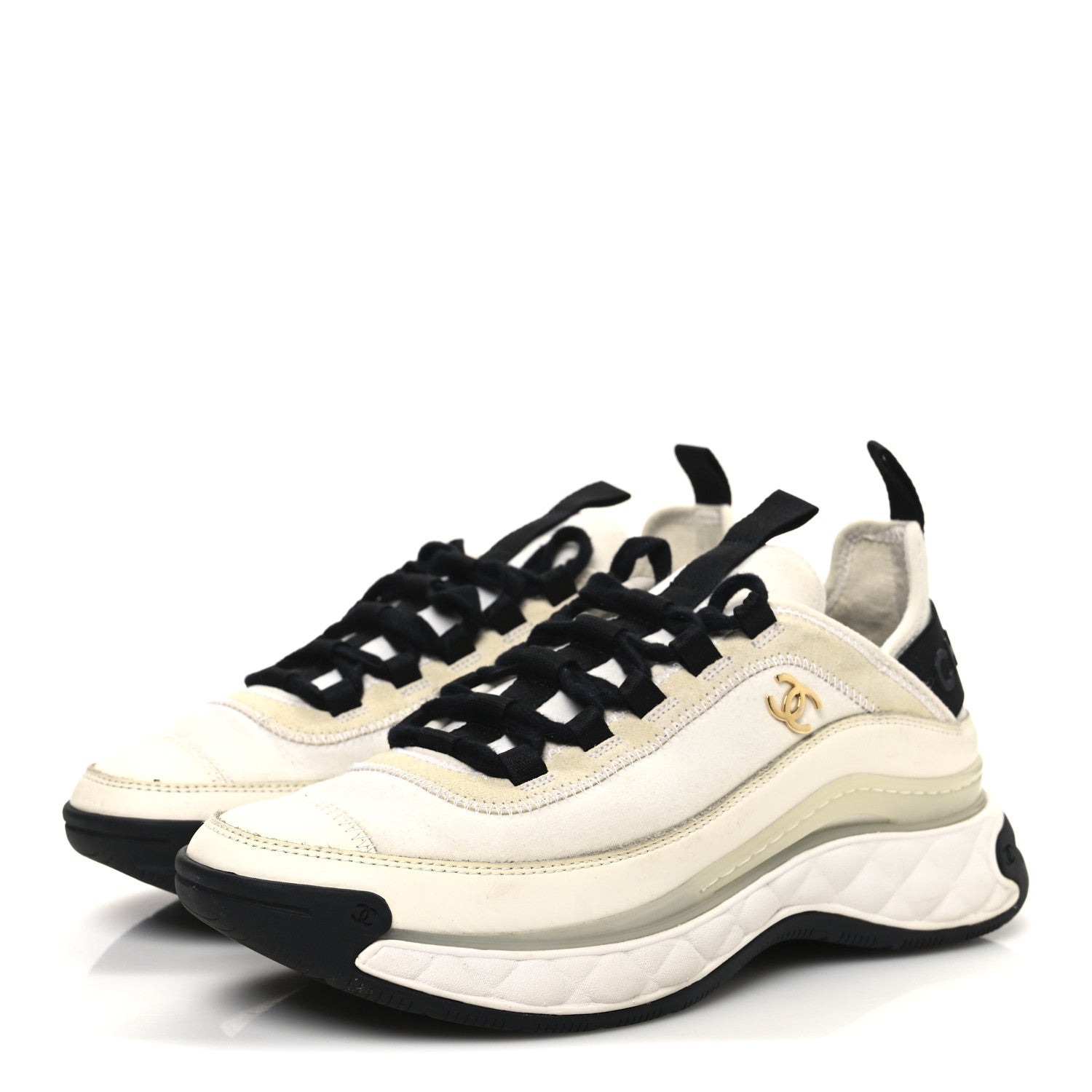 Chanel Velvet Calfskin Mixed Fibers CC Sneakers 38 Ivory Black 4 of 11