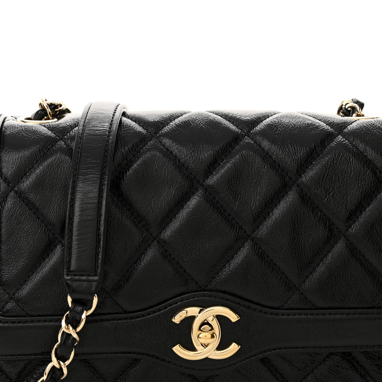 Crumpled Glazed Lambskin Quilted Small Flap Black