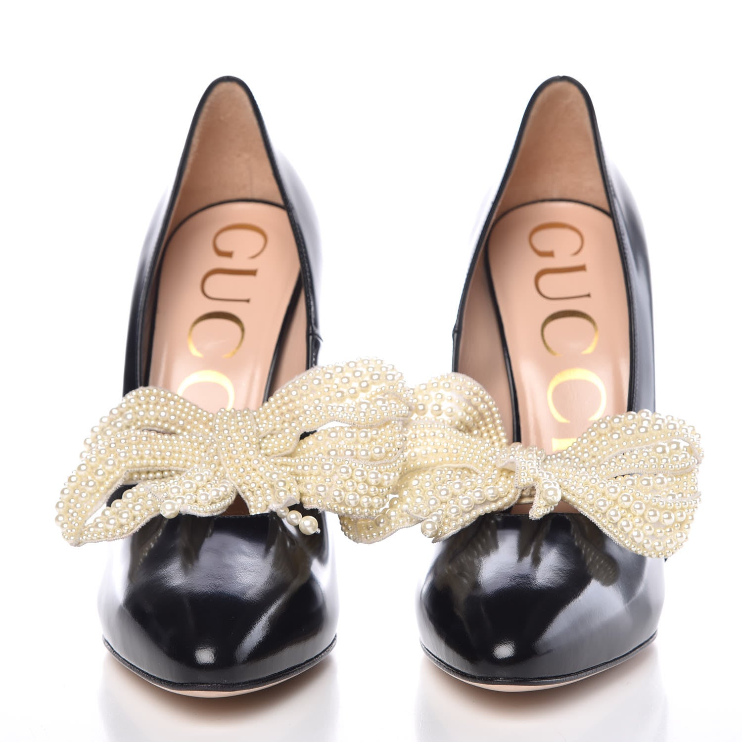Gucci Polished Calfskin Removable Pearly Bow Elaisa Platform High Heel Pumps 38 Black 2 of 12