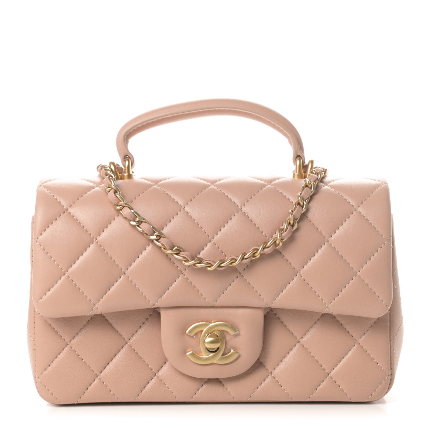 Lambskin Quilted Mini Top Handle Rectangular Flap Beige