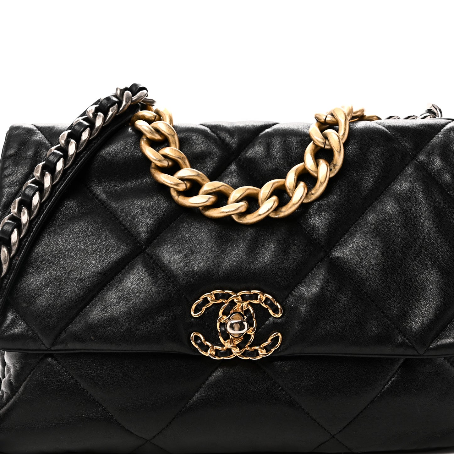 Shiny Goatskin Quilted Large Chanel 19 Flap Black