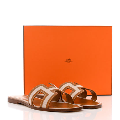 Hermes Calfskin Canvas Oran Sandals 40 Noisette Beige Dore 9 of 9
