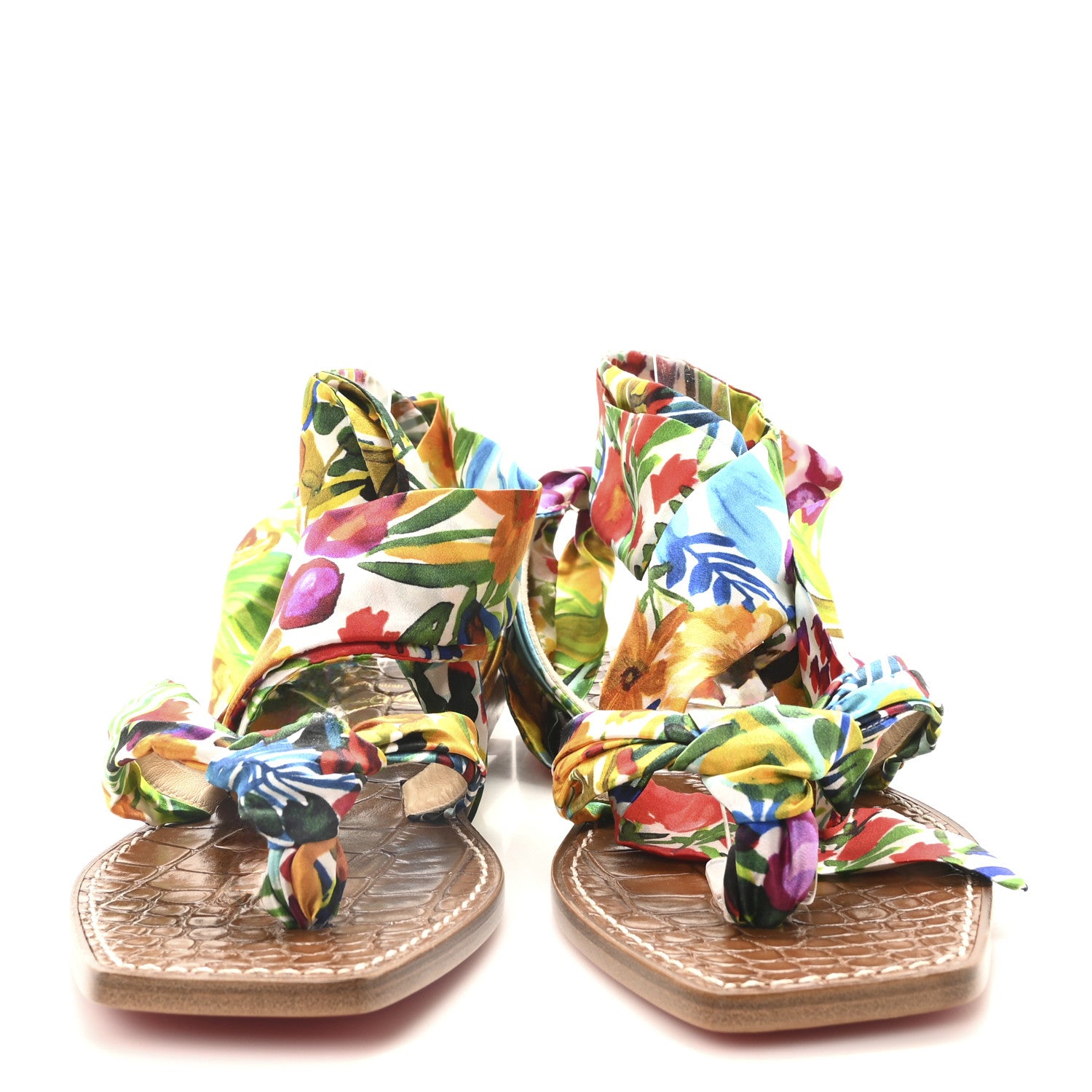 Christian Louboutin Calfskin Crocodile Embossed Crepe Satin Floral Niloofar Flat Sandals 38 Multicolor Biscotto 3 of 9