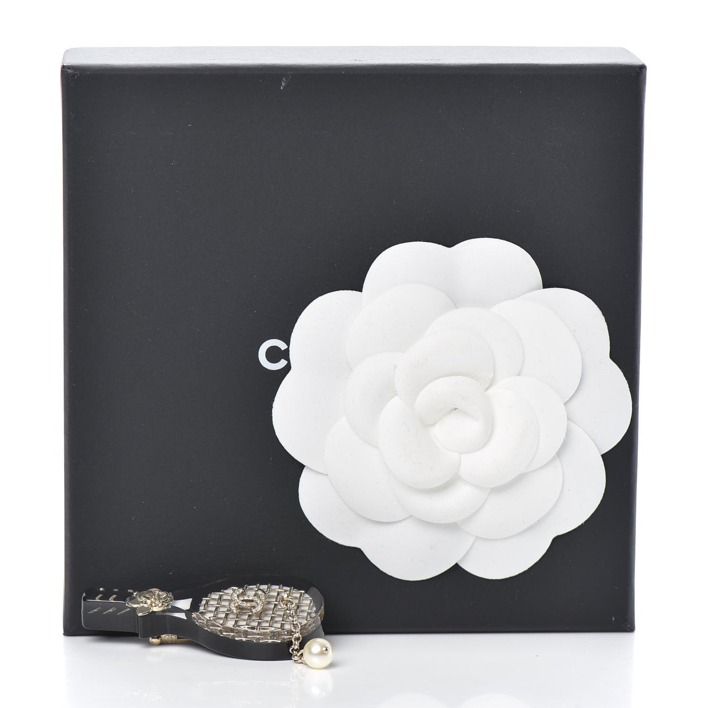 Pearl Strass Resin Crystal CC Tennis Racket Brooch Gold Black Pearly White