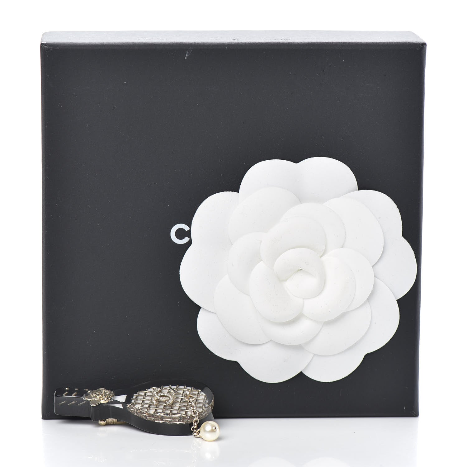Chanel Pearl Strass Resin Crystal CC Tennis Racket Brooch Gold Black Pearly White 4 of 4