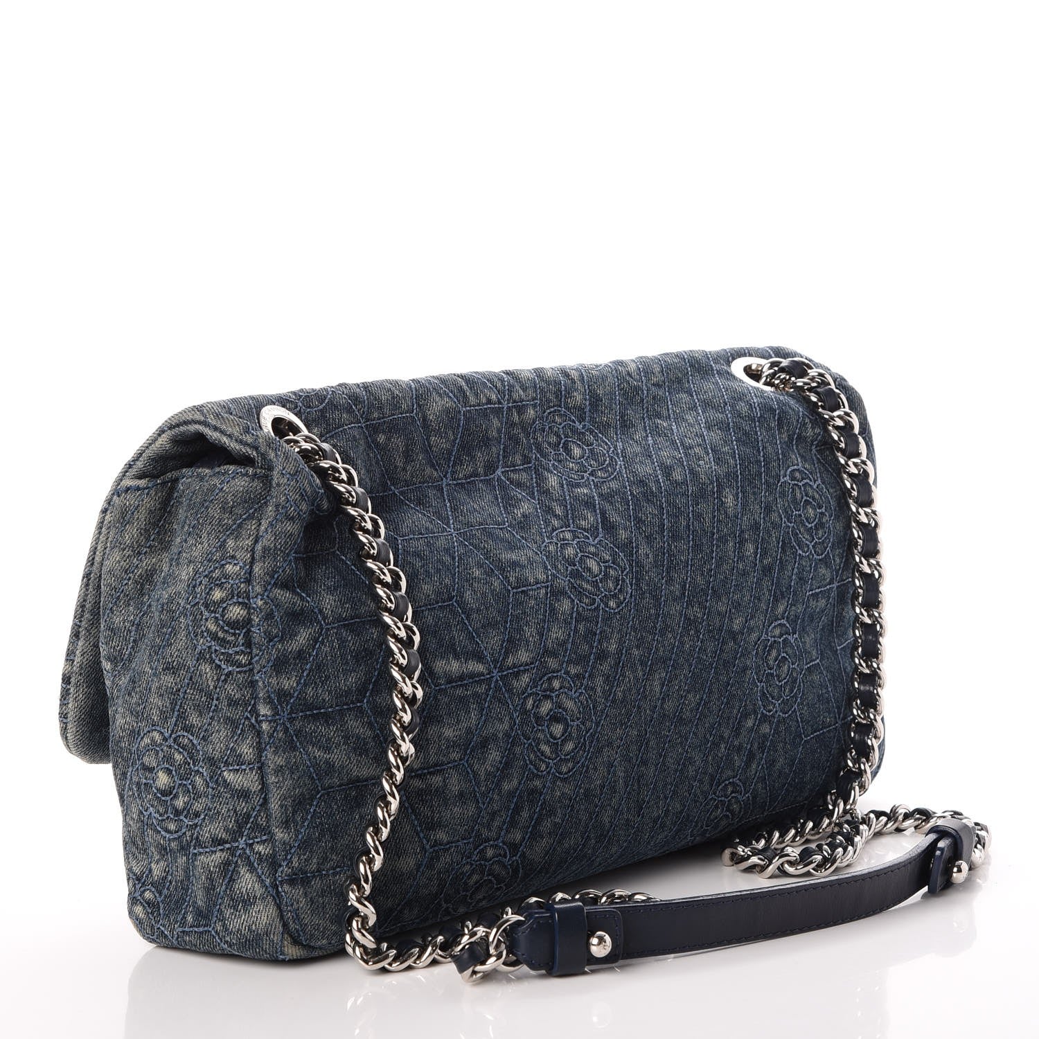 Chanel Denim Quilted Camellia Embroidered Large Flap Blue 3 of 10