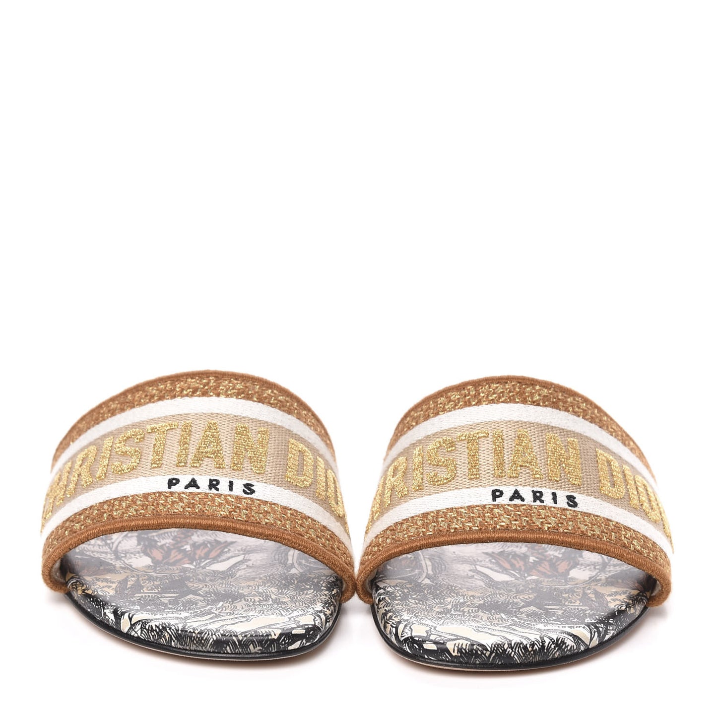 Canvas Lurex Baobab Embroidered Dway Flat Slide Sandals 36.5 Beige