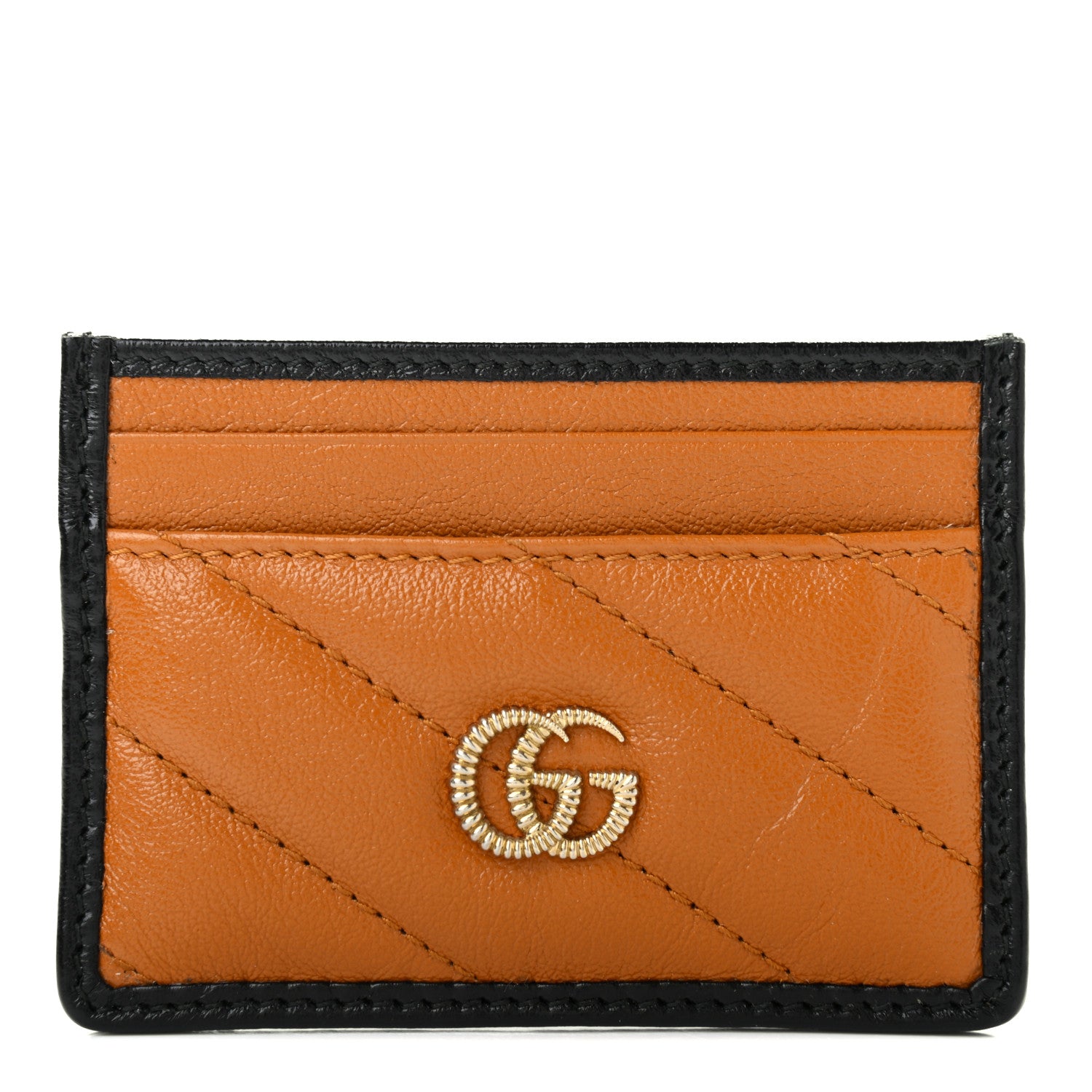 Gucci Vintage Effect Calfskin Matelasse Diagonal Torchon GG Marmont Card Holder Cognac Black 1 of 6