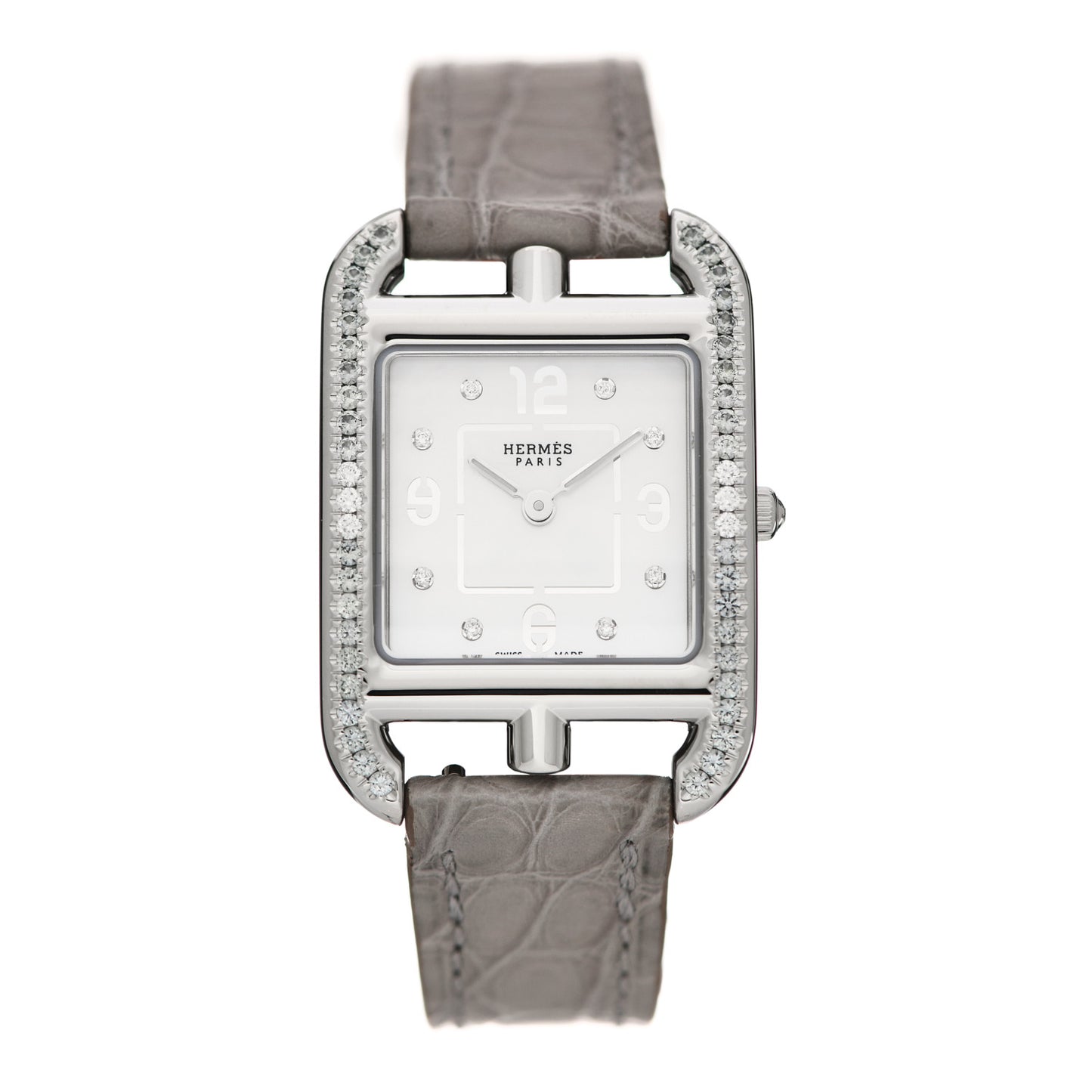 Stainless Steel Alligator Diamond Bezel Grey Sapphire Mother of Pearl 23mm Cape Cod Quartz Watch Gris Perle