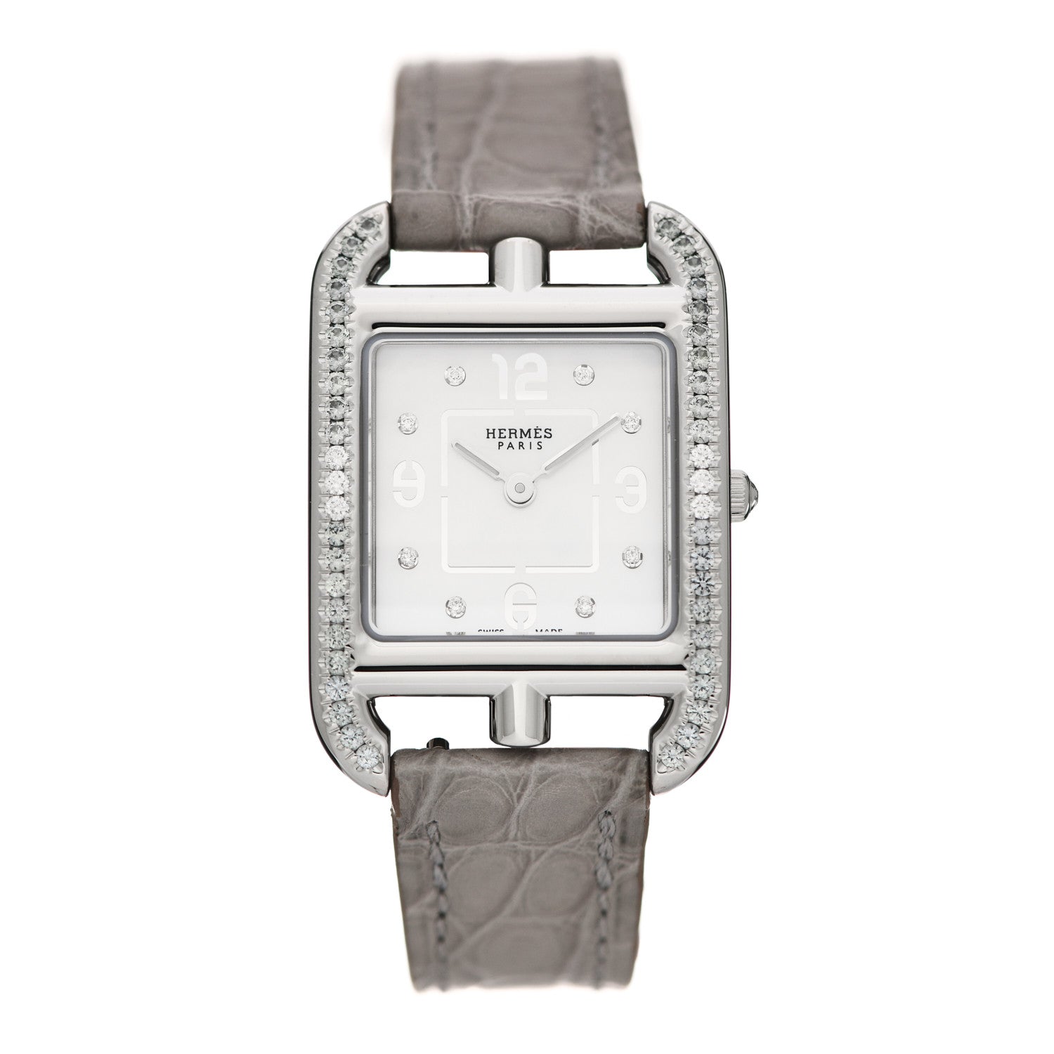 Hermes Stainless Steel Alligator Diamond Bezel Grey Sapphire Mother of Pearl 23mm Cape Cod Quartz Watch Gris Perle 1 of 5