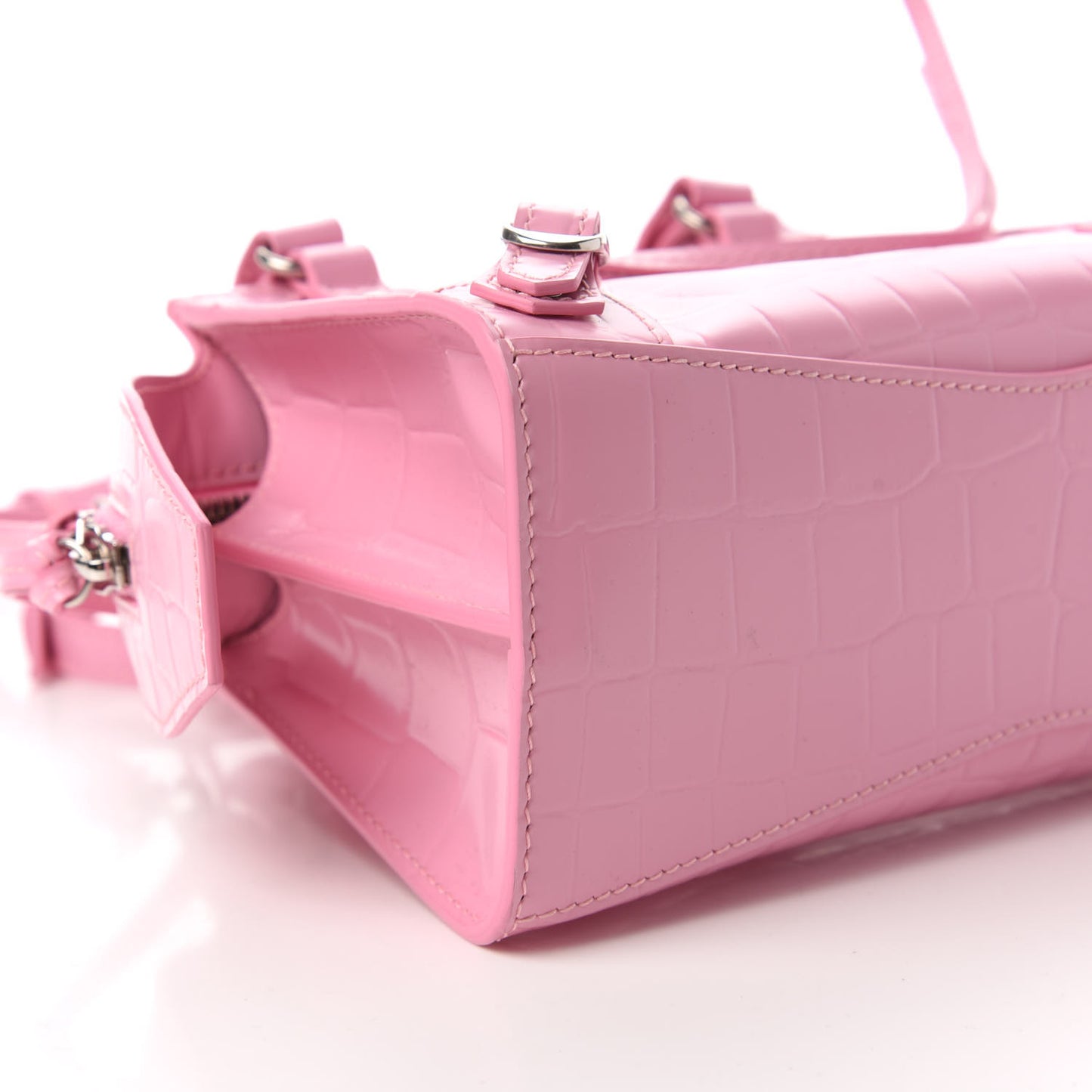 Semi Shiny Calfskin Crocodile Embossed Neo Classic Silver Hardware Mini City Pink