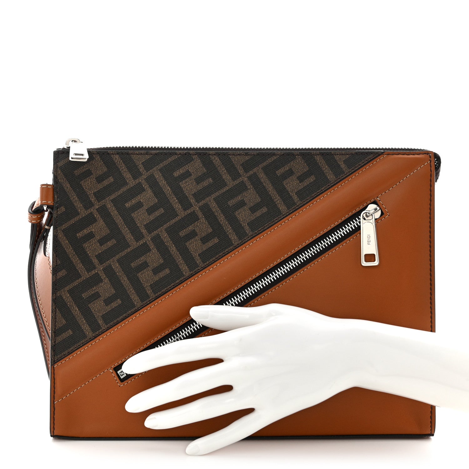 Fendi Glazed Fabric Vitello King FF 1974 Diagonal Flat Pouch Tobacco Moro Cuoio 2 of 7