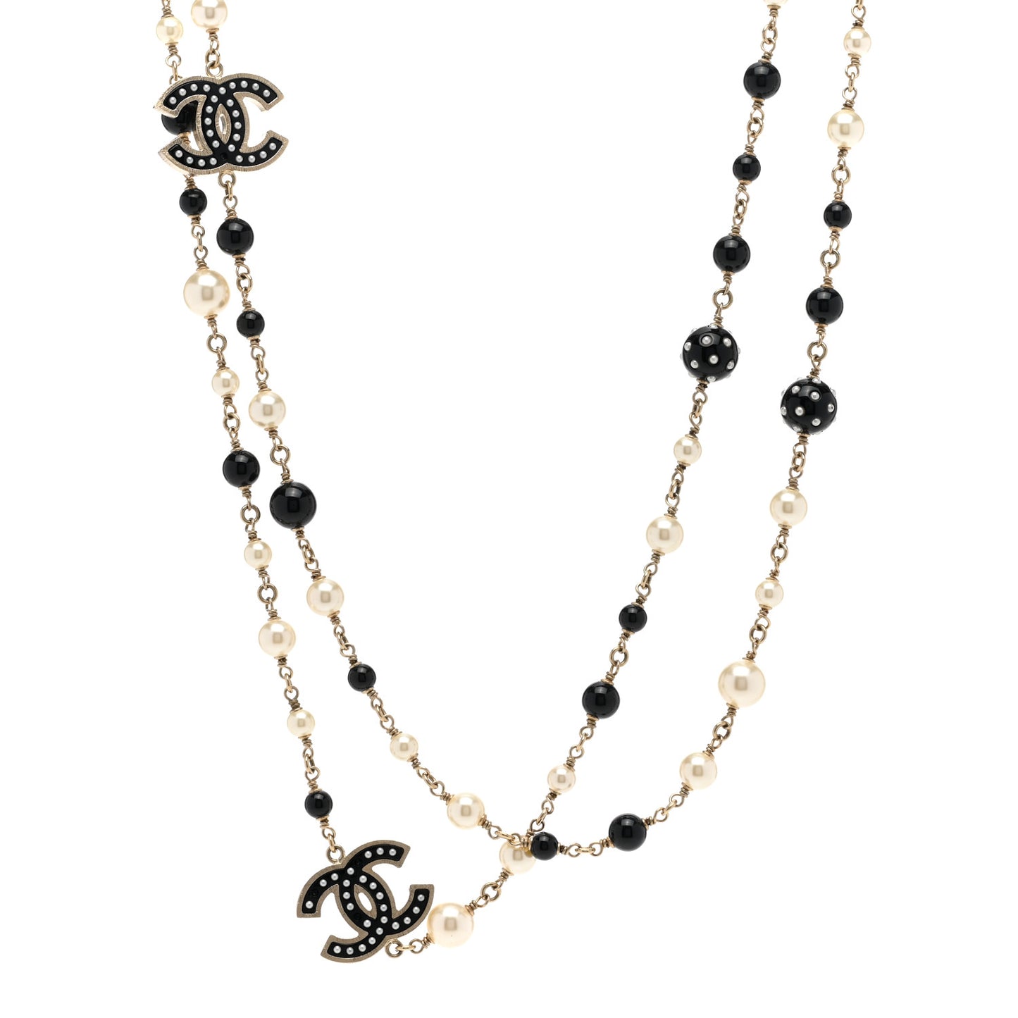 Pearl Beaded Crystal CC Long Necklace Black Silver