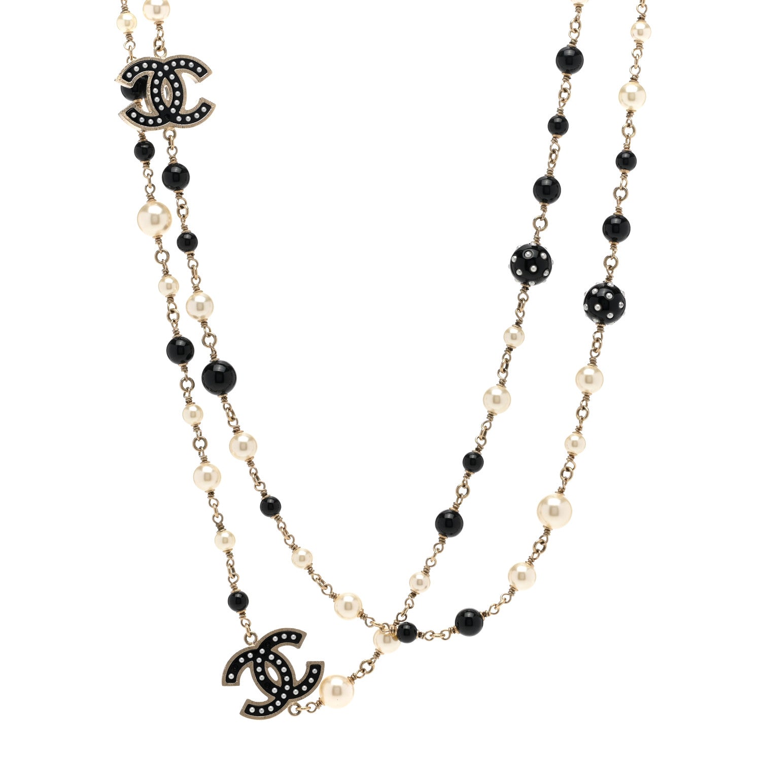Chanel Pearl Beaded Crystal CC Long Necklace Black Silver 1 of 7
