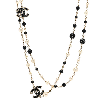 Chanel Pearl Beaded Crystal CC Long Necklace Black Silver 1 of 7