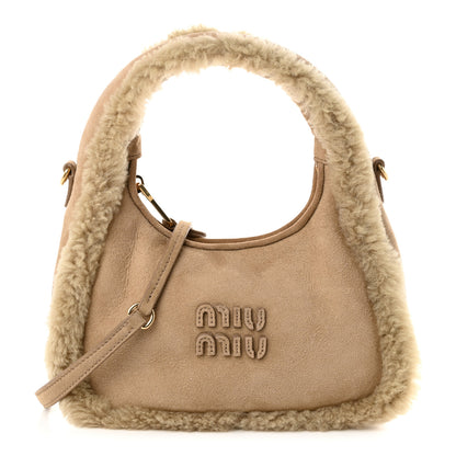 Miu Miu Suede Shearling Mini Wander Hobo Sabbia 1 of 9