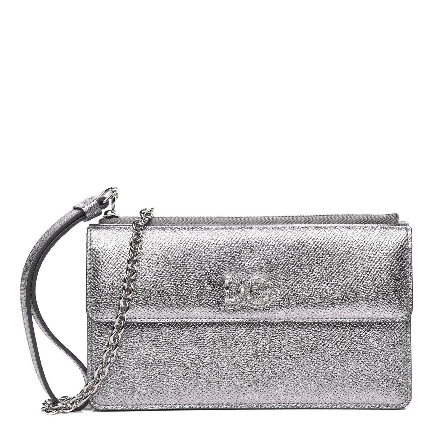 Metallic Dauphine Embellished Logo Chain Pouch Argento