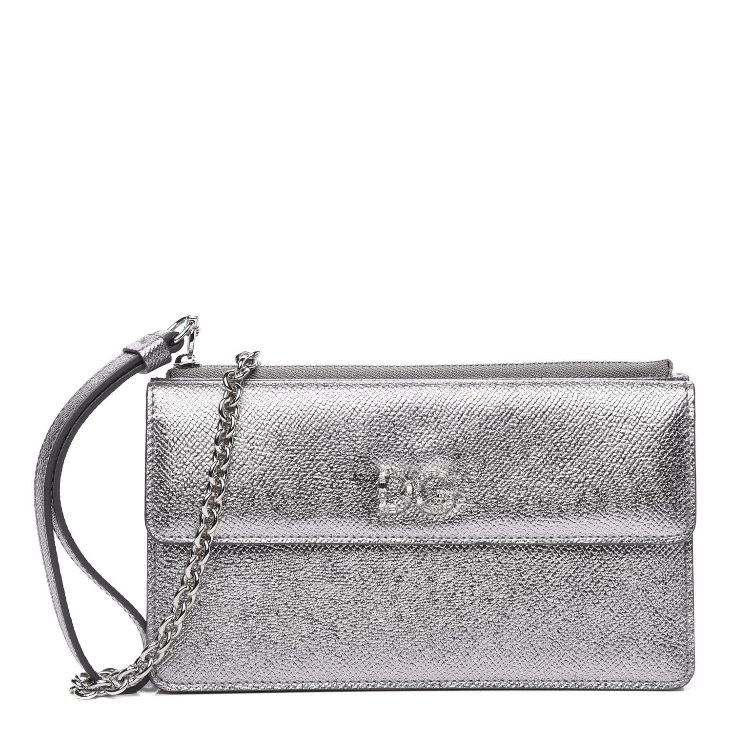 Dolce & Gabbana Metallic Dauphine Embellished Logo Chain Pouch Argento 1 of 10