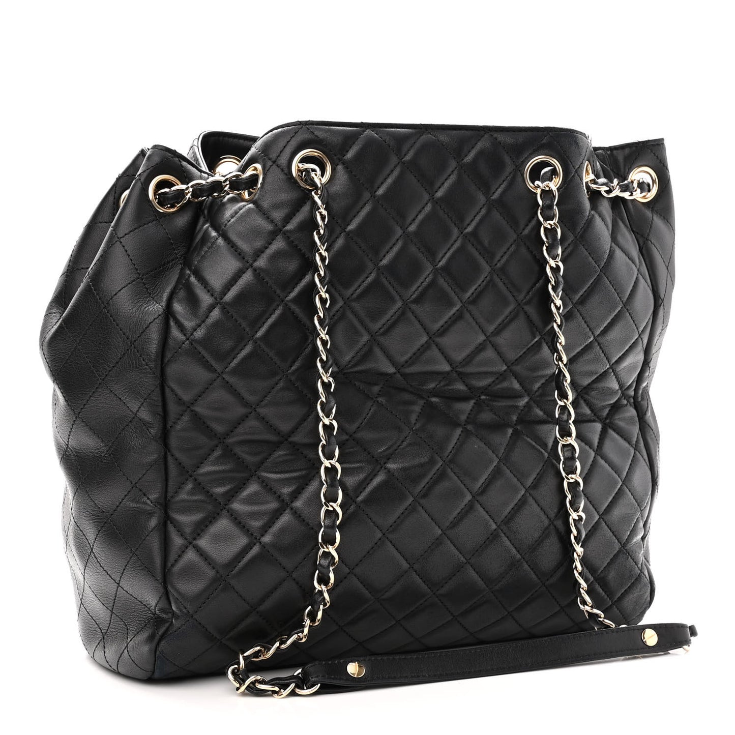 Lambskin Quilted Large Drawstring Bag Black