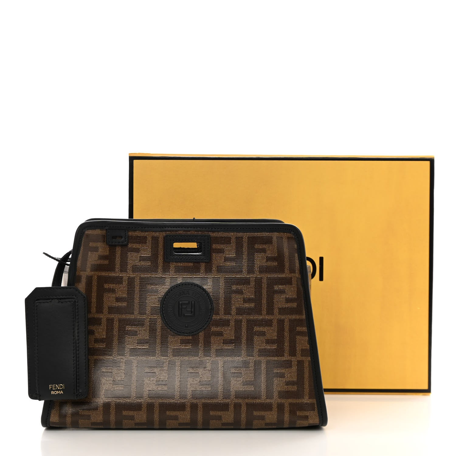 Fendi Glazed Fabric Vitello Century FF 1974 Stamp Patch Mini Peekaboo Defender Cover Mogano Panna Black 13 of 13