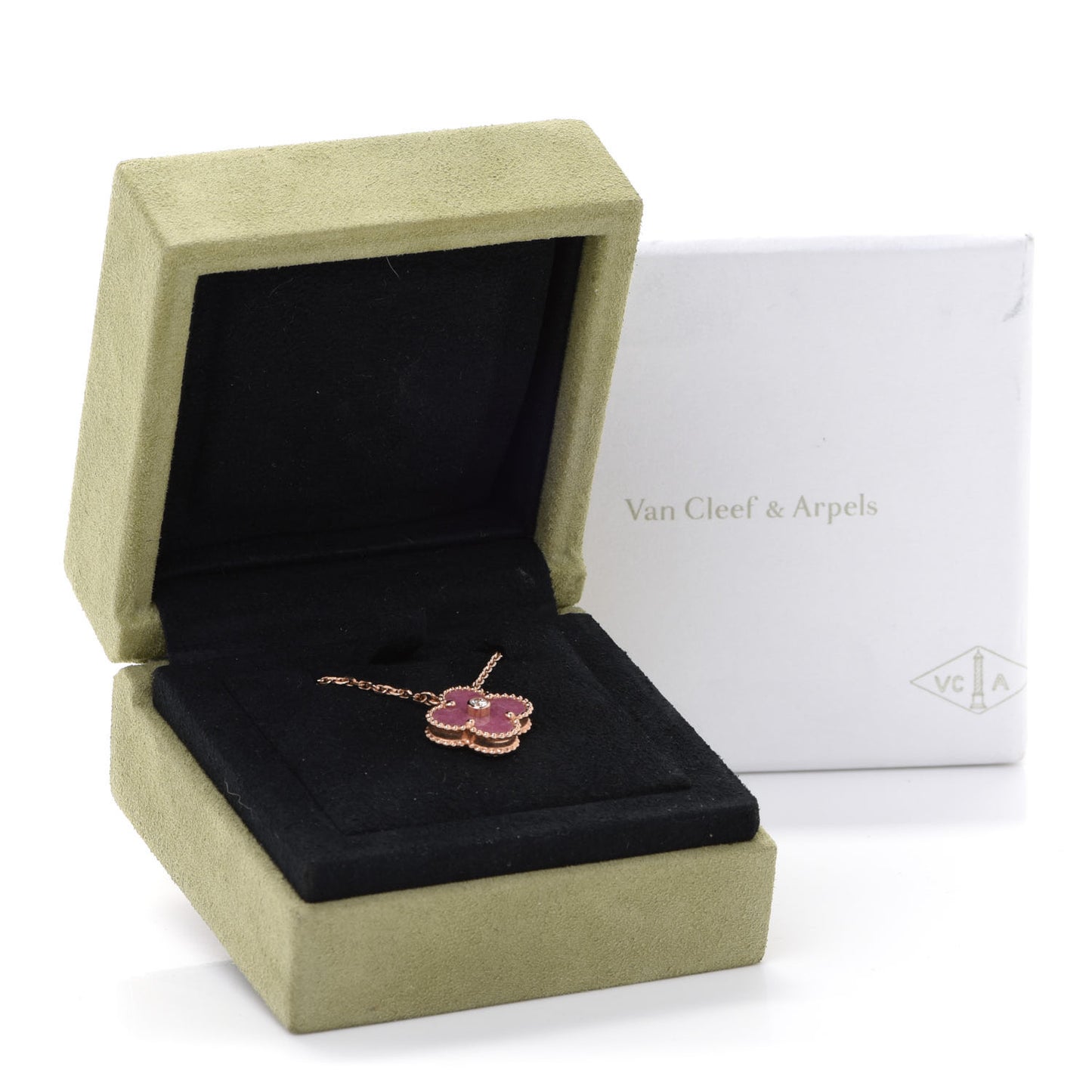 18K Rose Gold Diamond Rhodonite Vintage Alhambra Pendant Necklace
