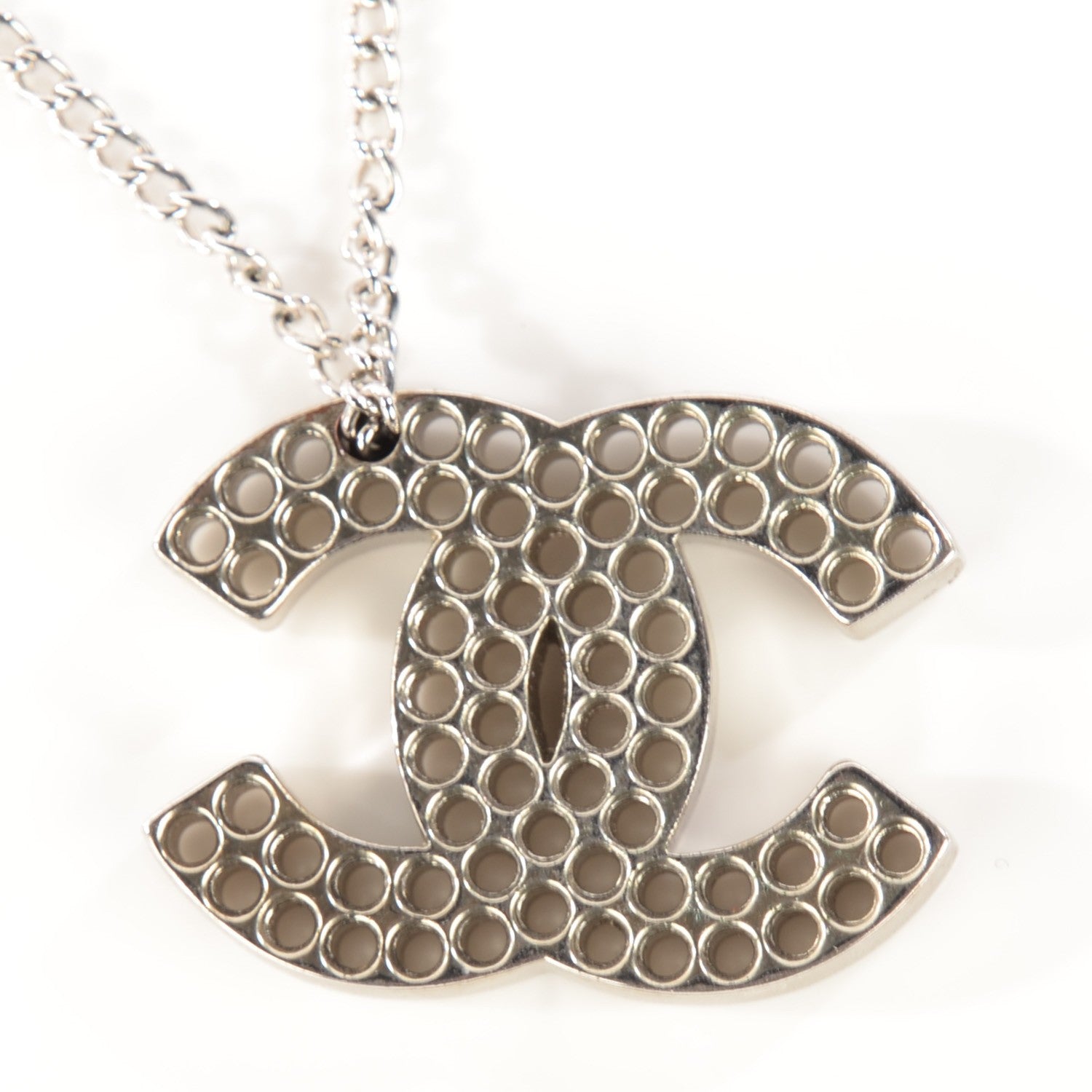 Chanel Perforated CC Pendant Necklace Silver 3 of 5