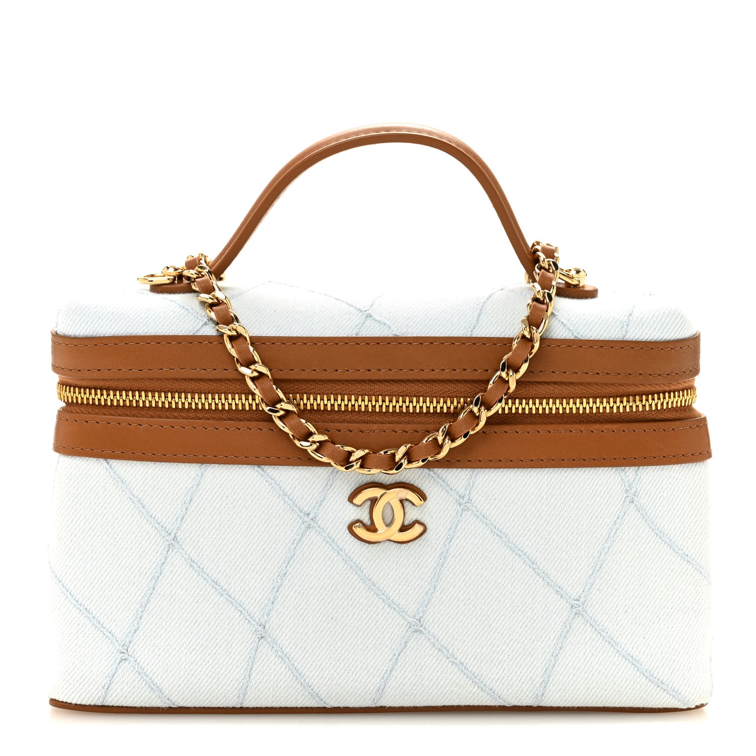 Chanel Washed Denim Calfskin Quilted Top Handle Slim Vanity Case With Chain Blue Brown Blue Brown 1 of 11