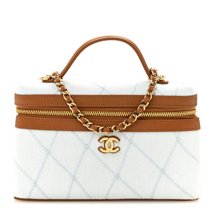 Chanel Washed Denim Calfskin Quilted Top Handle Slim Vanity Case With Chain Blue Brown Blue Brown 1 of 11