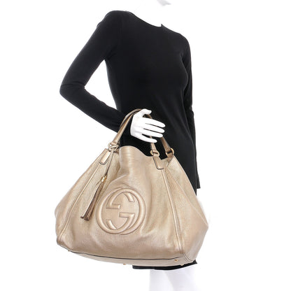 Gucci Metallic Pebbled Calfskin Large Soho Shoulder Bag Golden Beige 2 of 9