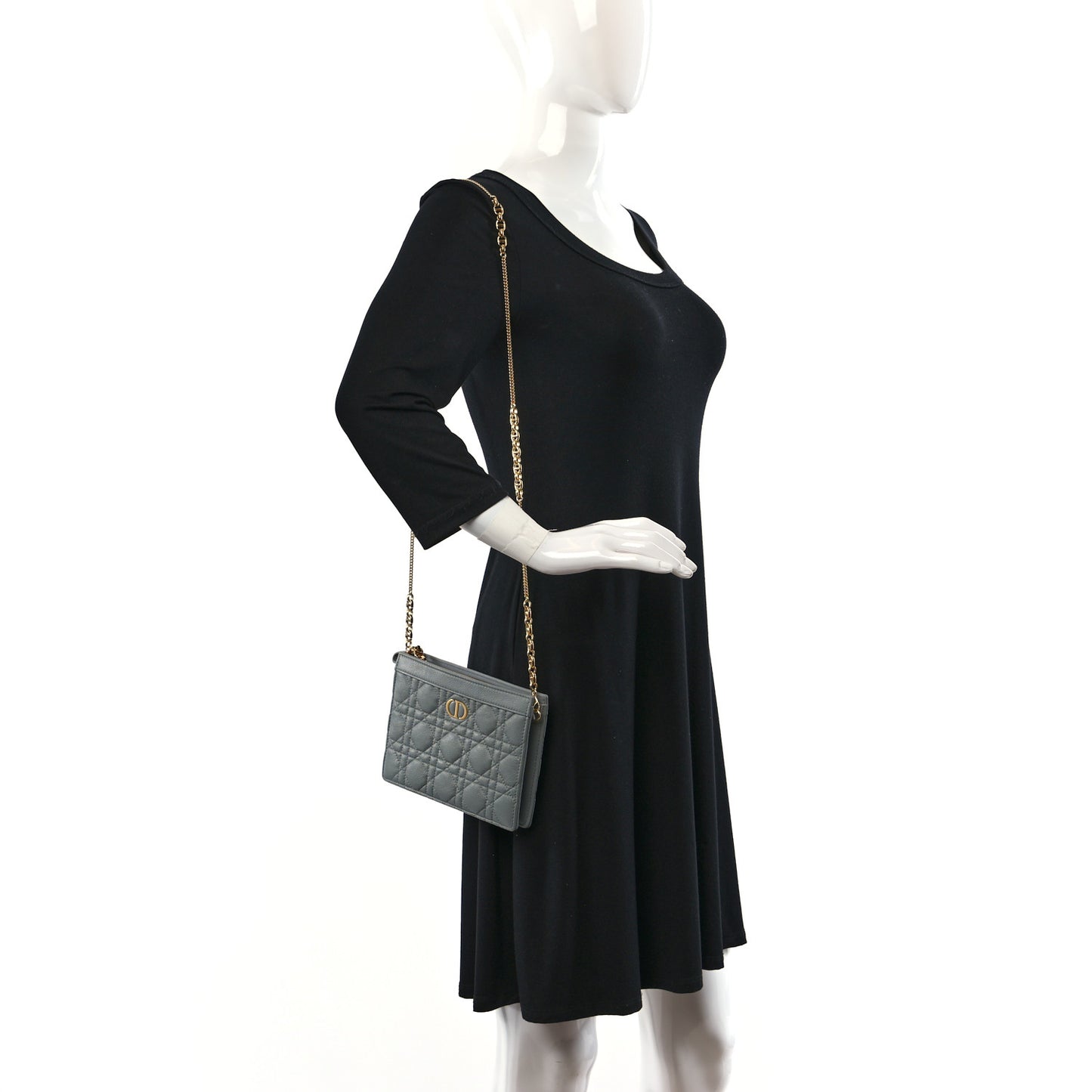 Calfskin Cannage Caro Zipped Pouch With Chain Grey