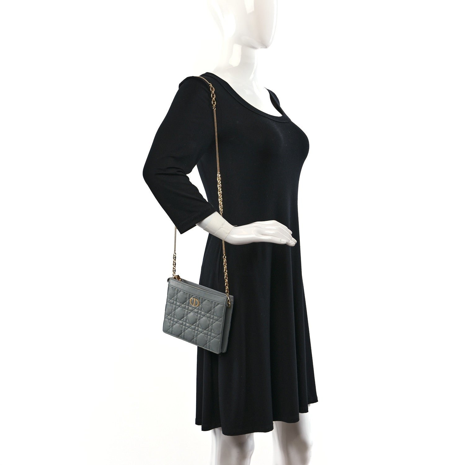 Christian Dior Calfskin Cannage Caro Zipped Pouch With Chain Grey 3 of 12