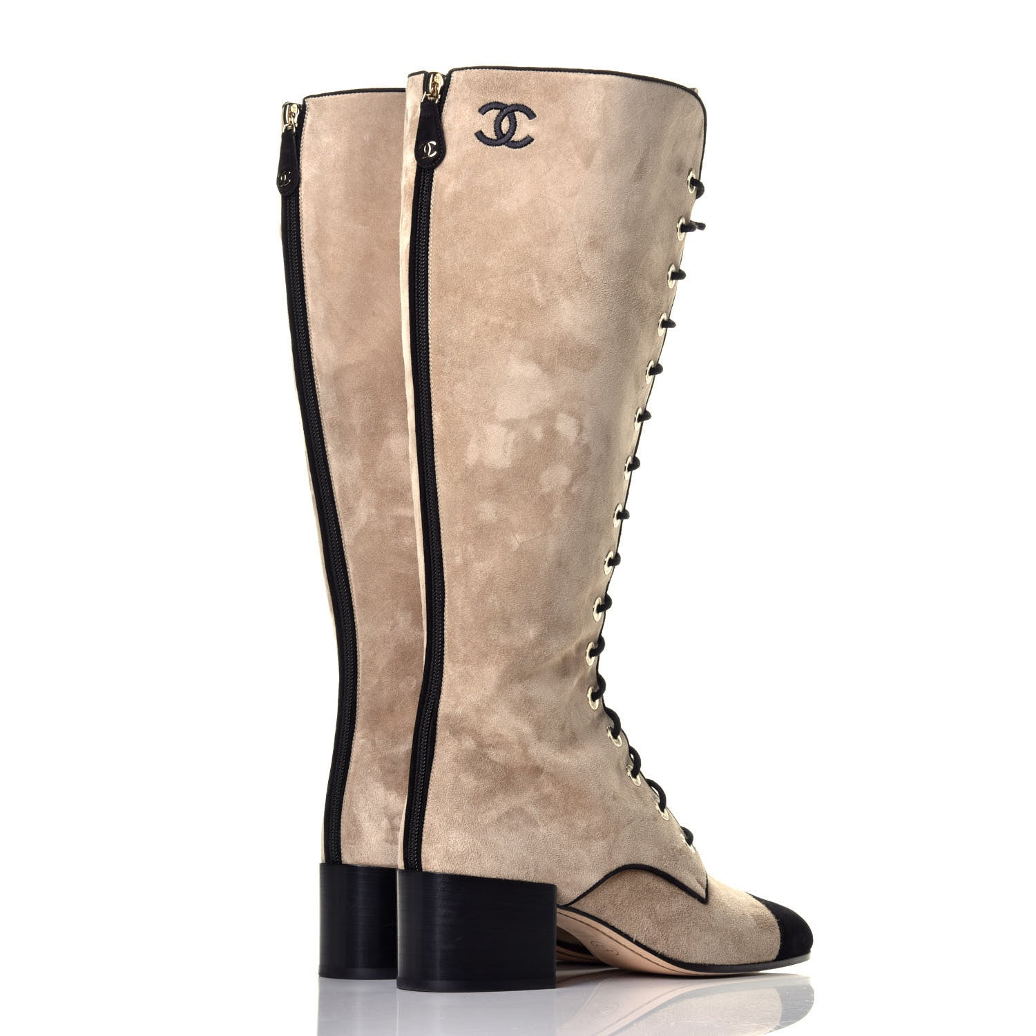 Chanel Suede Calfskin Trocadero Knee High Boots 39.5 Beige Black 4 of 7
