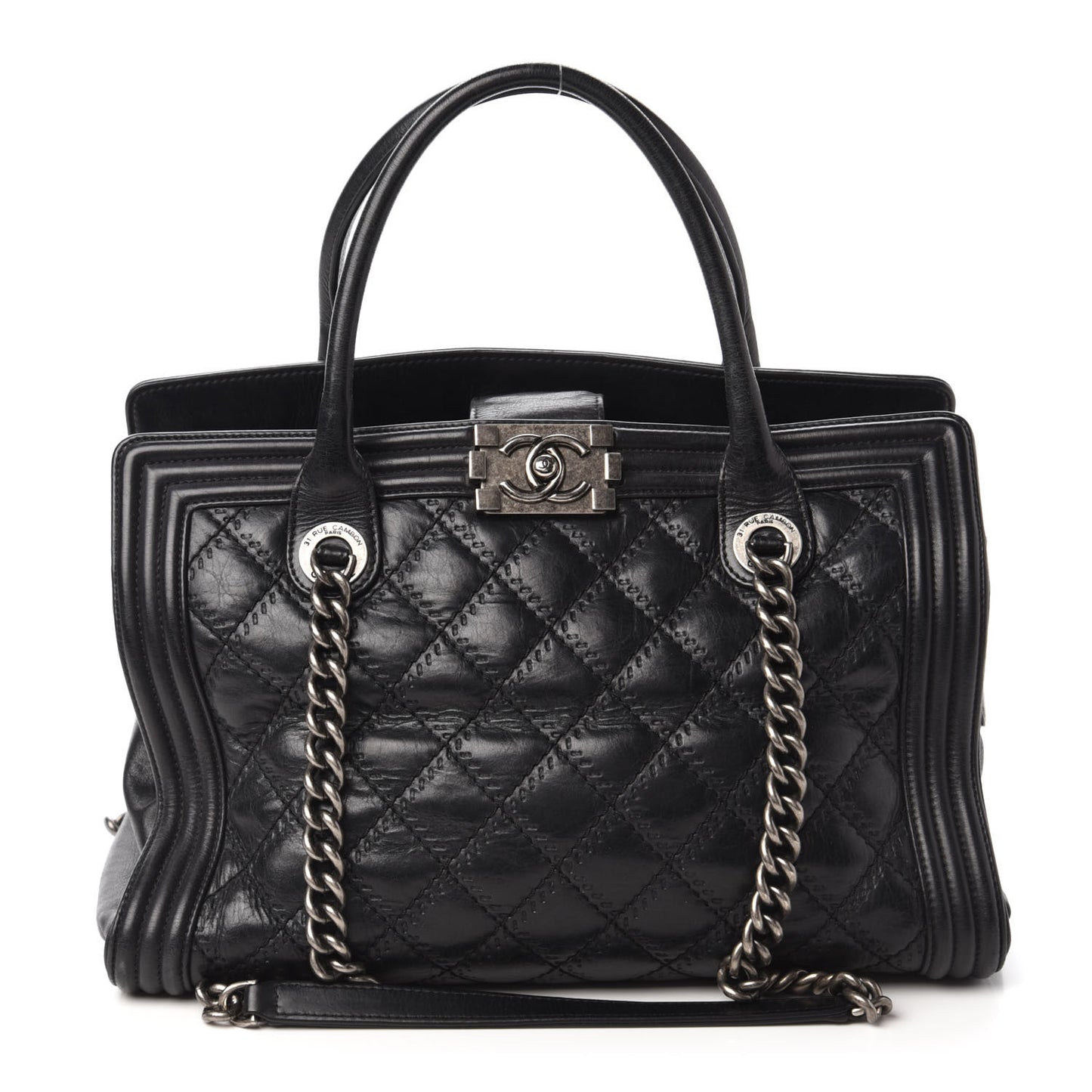 Calfskin Quilted Double Stitch Large Boy Tote Black