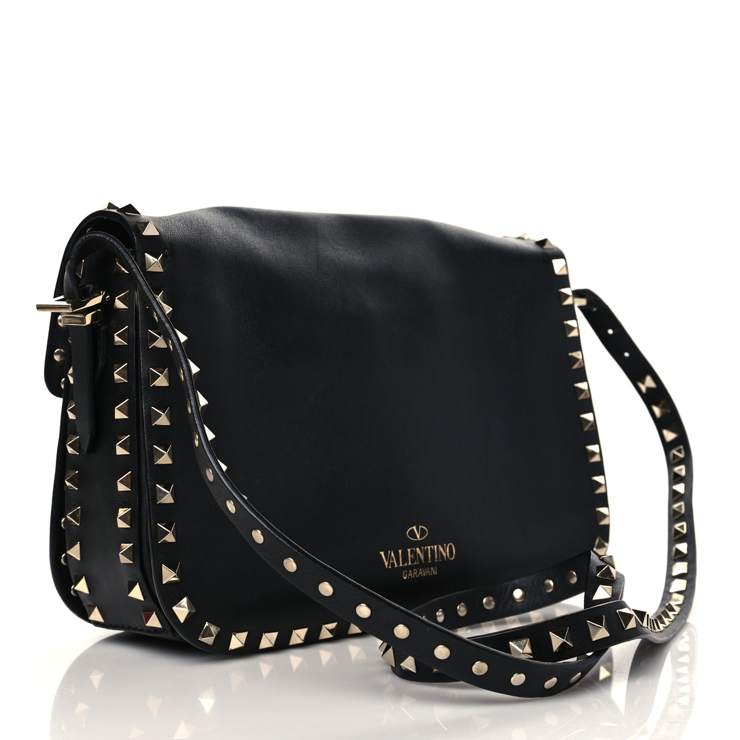 Vitello Medium Rockstud Flap Saddle Bag Black