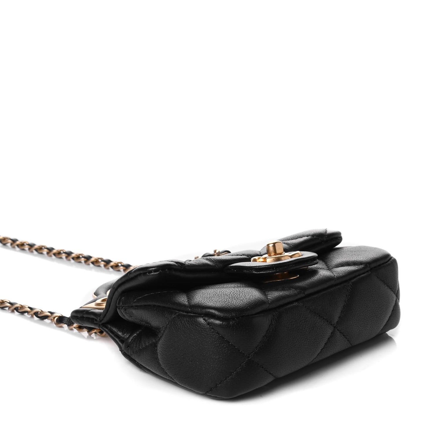 Calfskin Quilted Lady Handle Flap Card Holder With Chain Black
