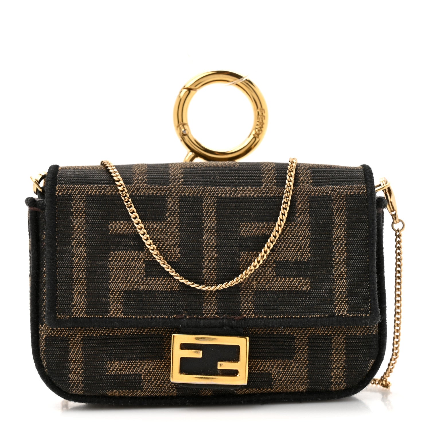 Fendi Fabric Jacquard FF 1974 Nano Baguette Charm Tobacco Moro Black 1 of 11
